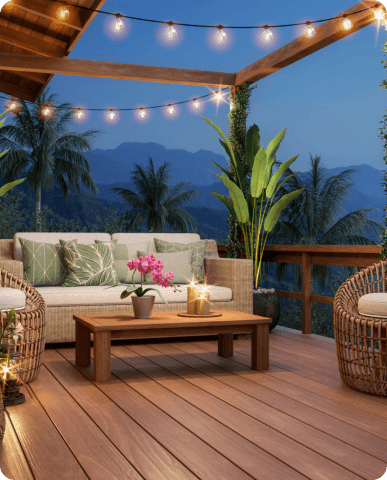Cozy patio with lights and mountain view.