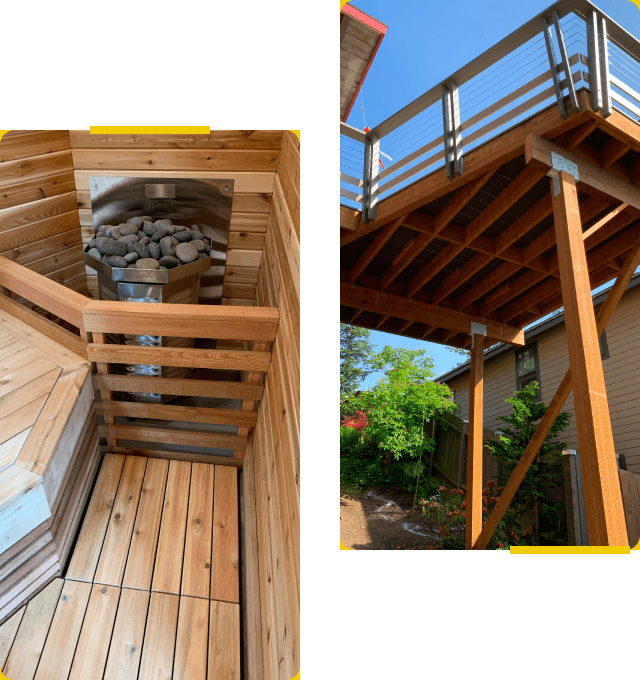 Outdoor deck and wooden sauna interior.